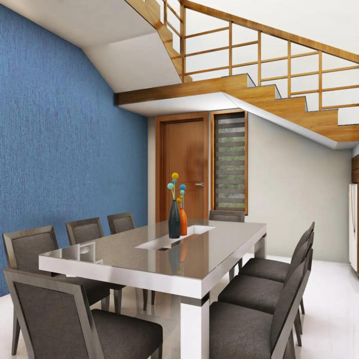 bold colour modern minimalist dining room with wallpaper — real Indian home