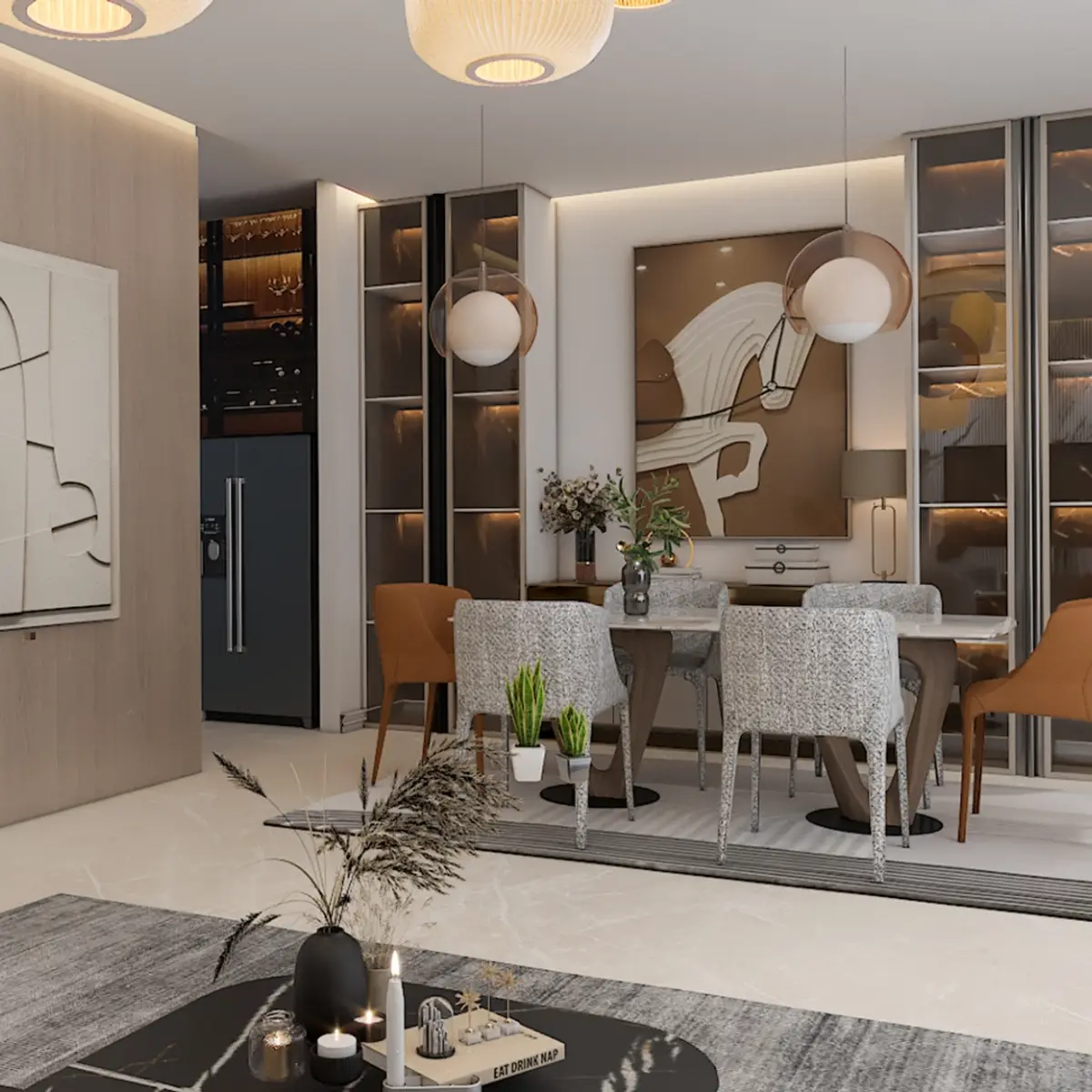 beige modern minimalist dining room with crockery — real Indian home