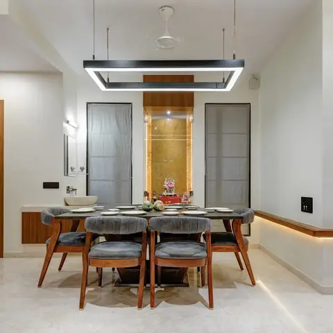 beige modern indian dining room with pendant — real Indian home