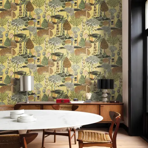 earthy mid century dining room with wallpaper — real Indian home