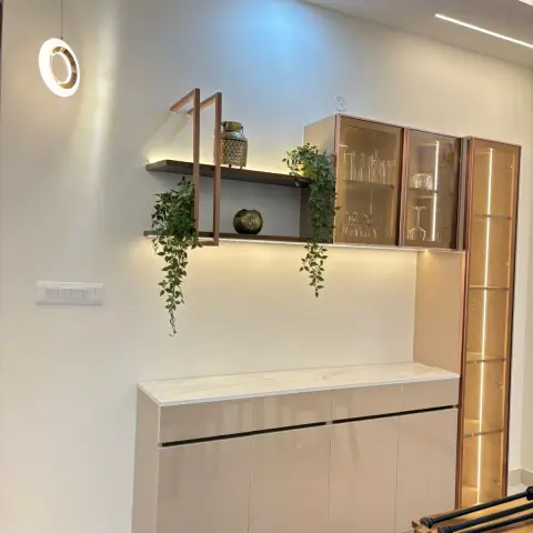beige modern minimalist dining room with crockery — real Indian home