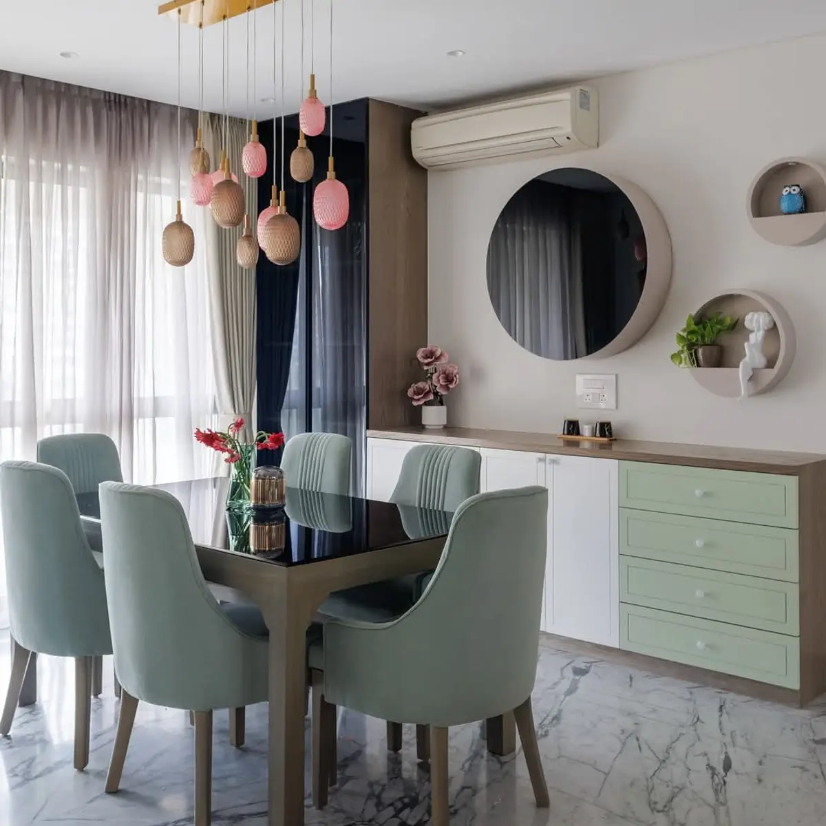 pastel boho dining room with marble — real Indian home