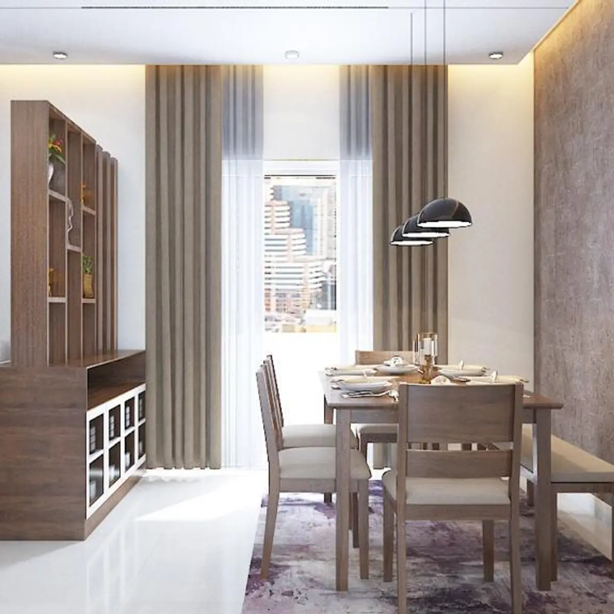 beige modern minimalist dining room with dining — real Indian home