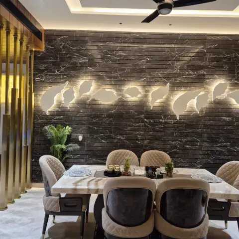 black and white luxury dining room with cladding — real Indian home