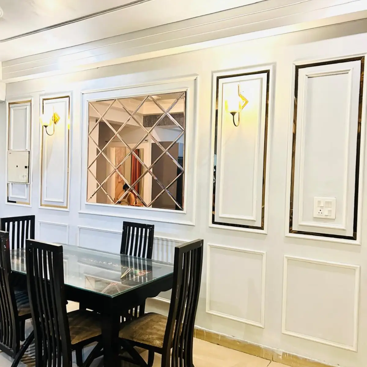 beige traditional dining room with moulding — real Indian home
