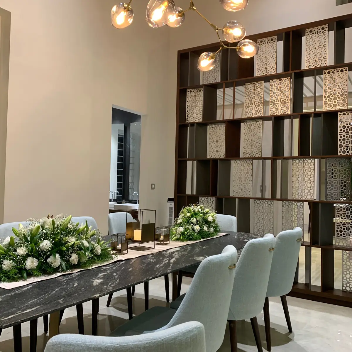 grey luxury dining room with dining — real Indian home