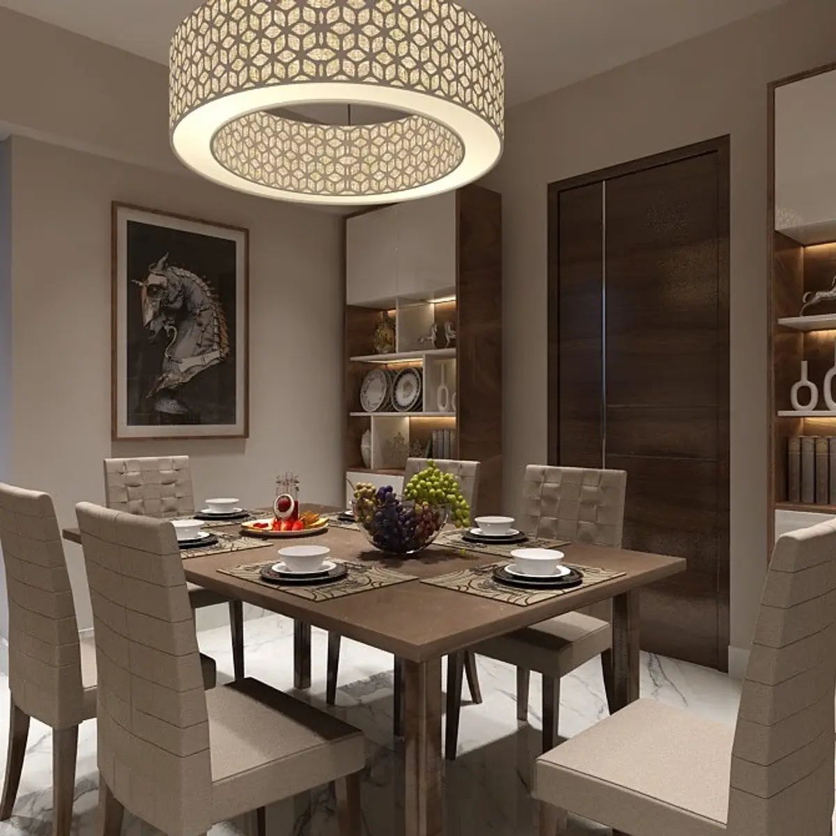 beige modern indian dining room with marble — real Indian home