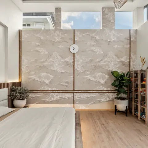 beige japandi master bedroom with texture — real Indian home