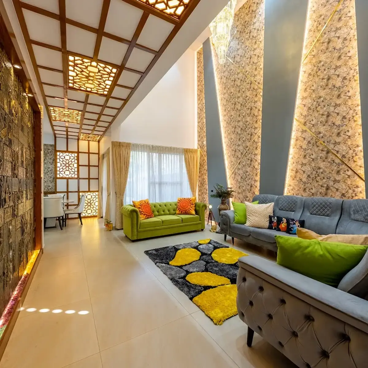 bold colour luxury living room with cladding — real Indian home