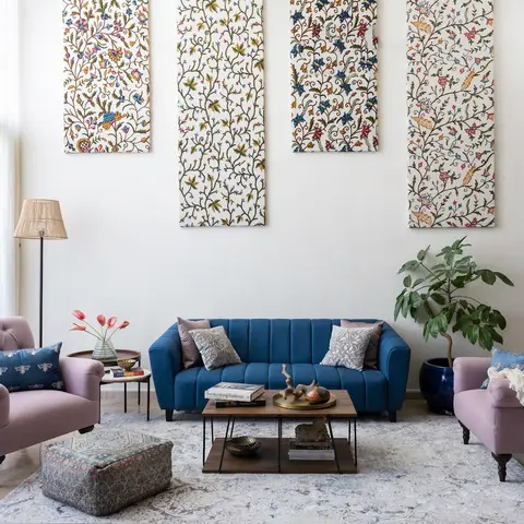 jewel tone boho living room with wall art — real Indian home