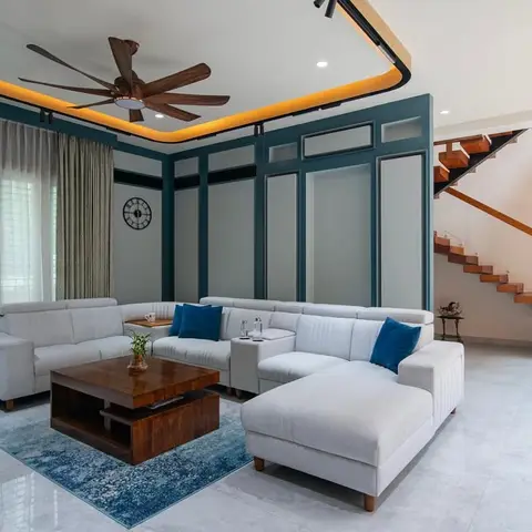 grey modern minimalist living room with cove — real Indian home