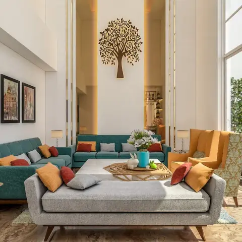 bold colour mid century living room with wall art — real Indian home