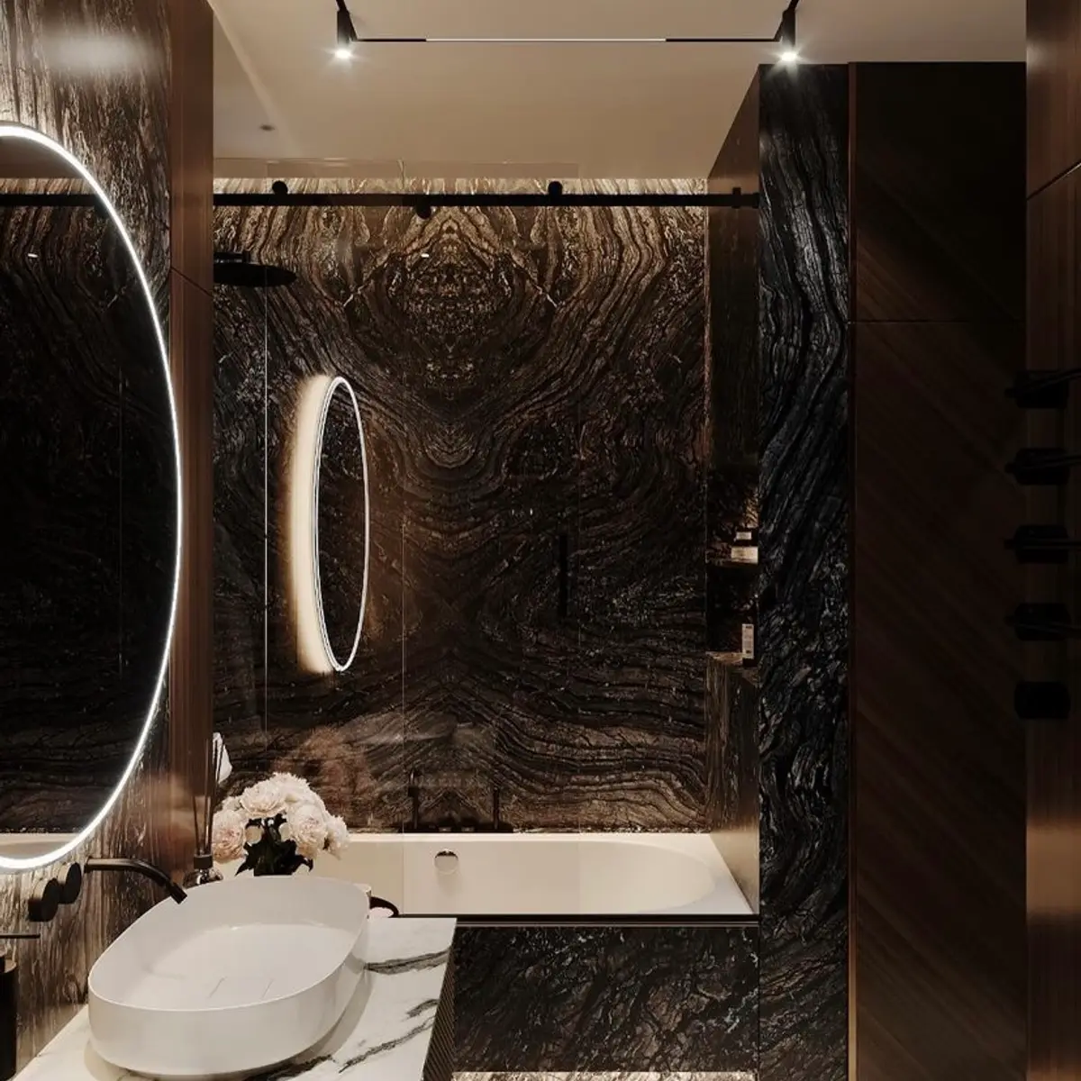 black and white luxury bathroom with vanity — real Indian home