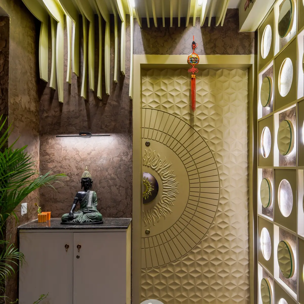 earthy luxury entrance foyer with main — real Indian home
