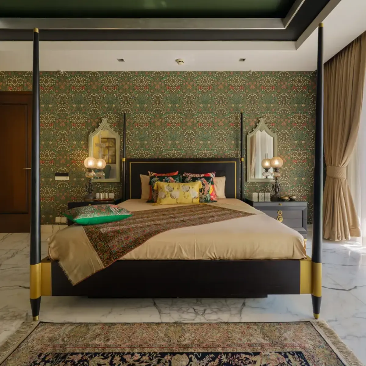 jewel tone luxury master bedroom with wallpaper — real Indian home