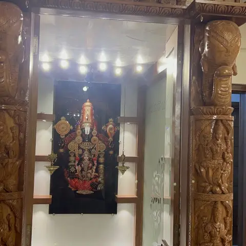 earthy traditional pooja room with pooja — real Indian home