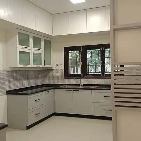 grey traditional kitchen with layout — real Indian home