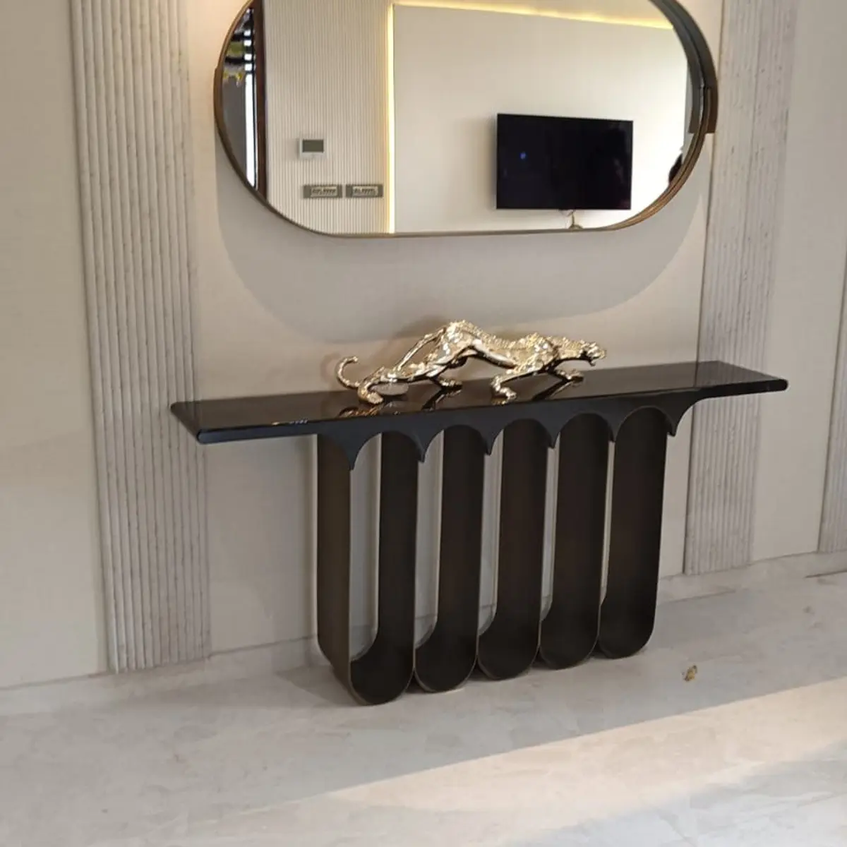black and white luxury entrance foyer with console — real Indian home