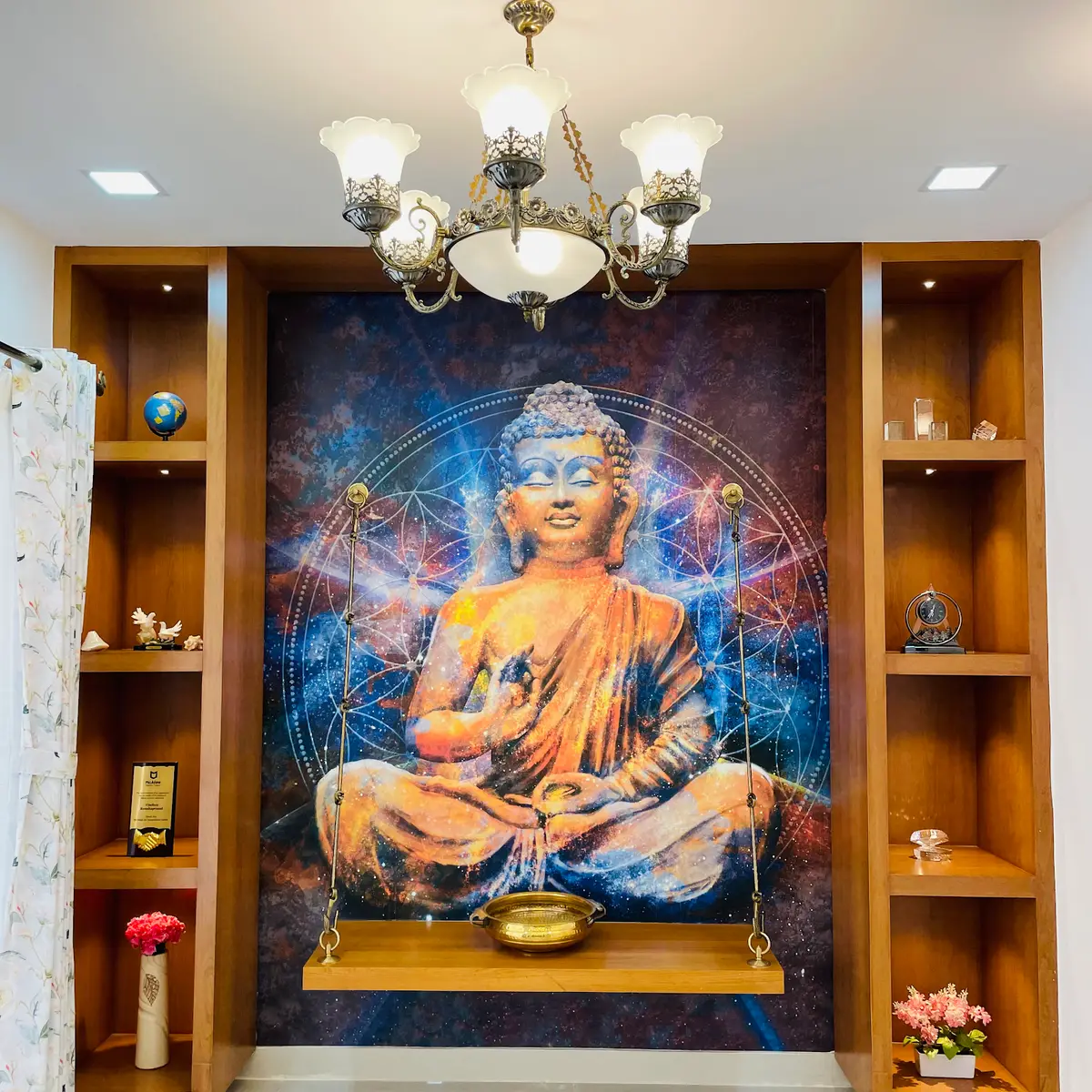 jewel tone boho entrance foyer with wallpaper — real Indian home