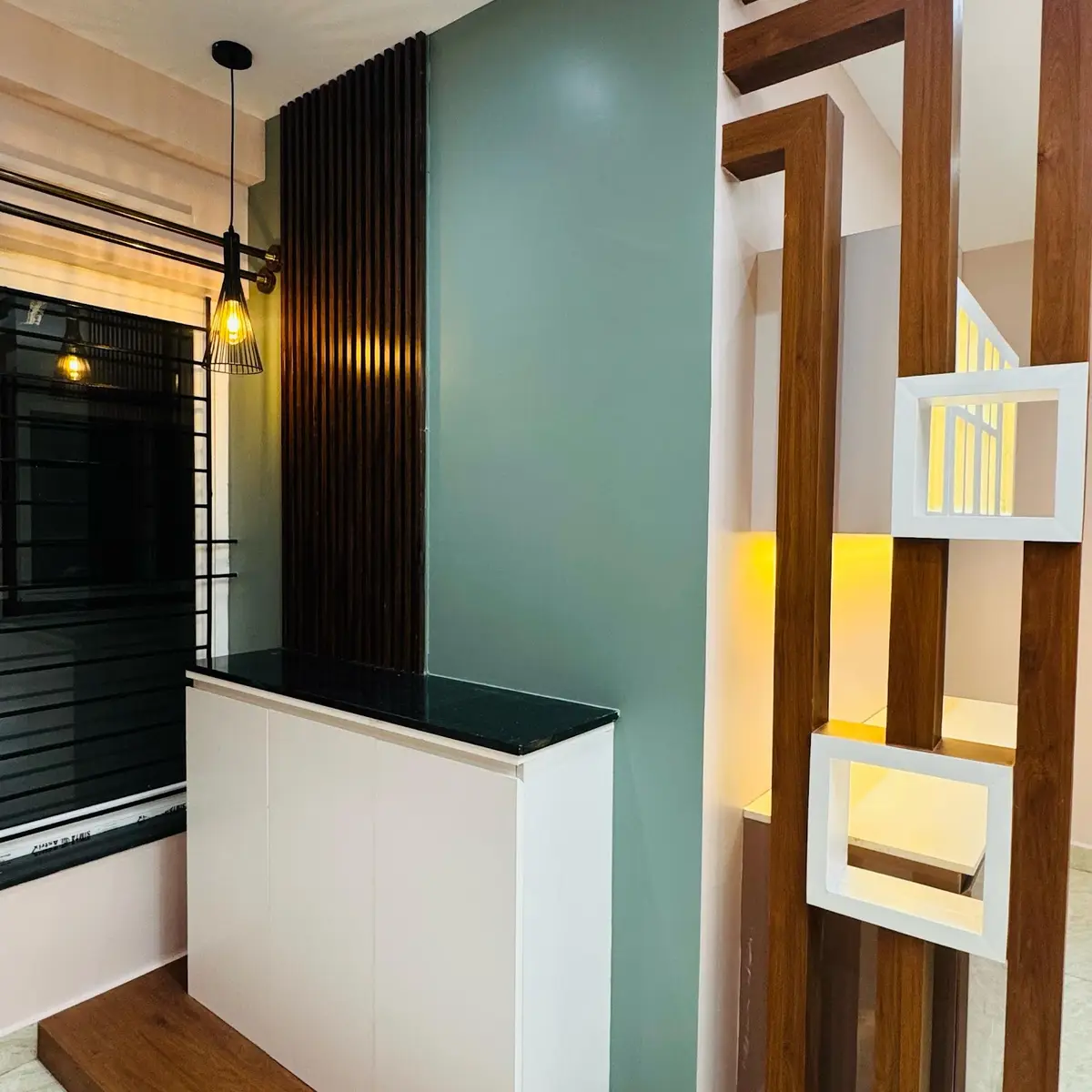 grey modern minimalist entrance foyer with shoe — real Indian home