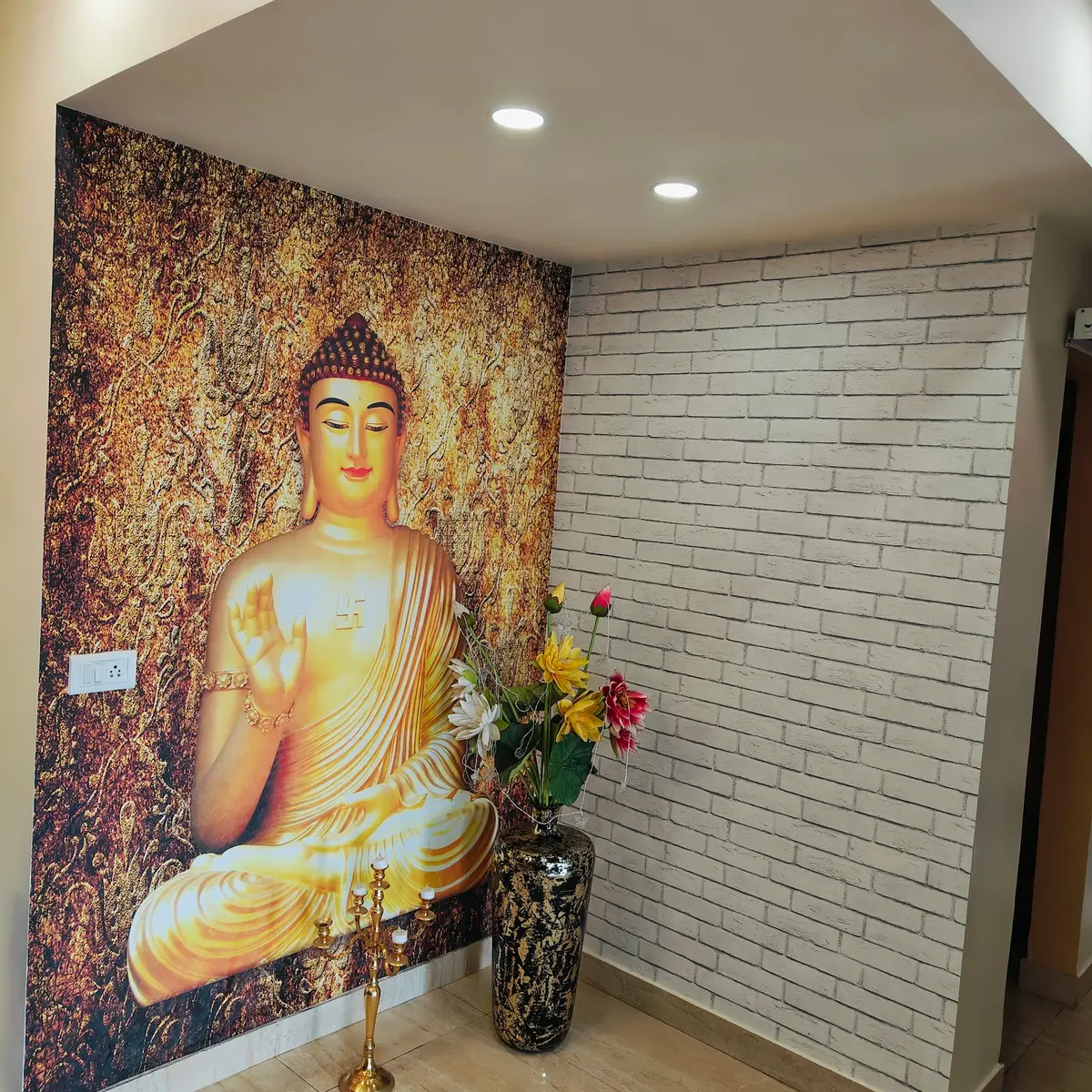 beige boho entrance foyer with wallpaper — real Indian home