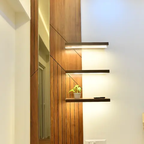 beige modern minimalist entrance foyer with panelling — real Indian home