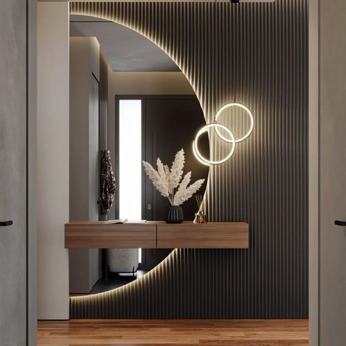 black and white modern indian entrance foyer with panelling — real Indian home