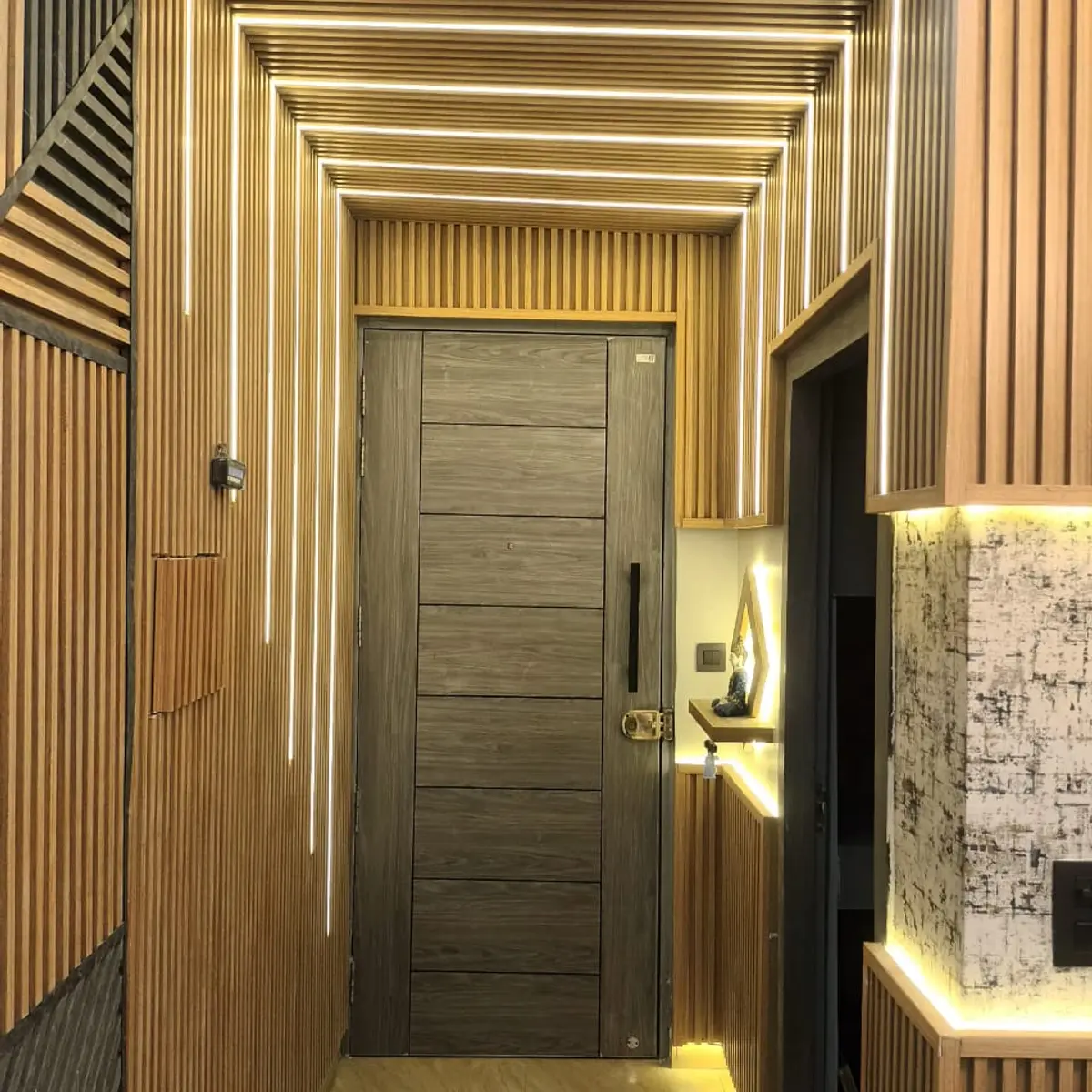 beige modern indian entrance foyer with panelling — real Indian home