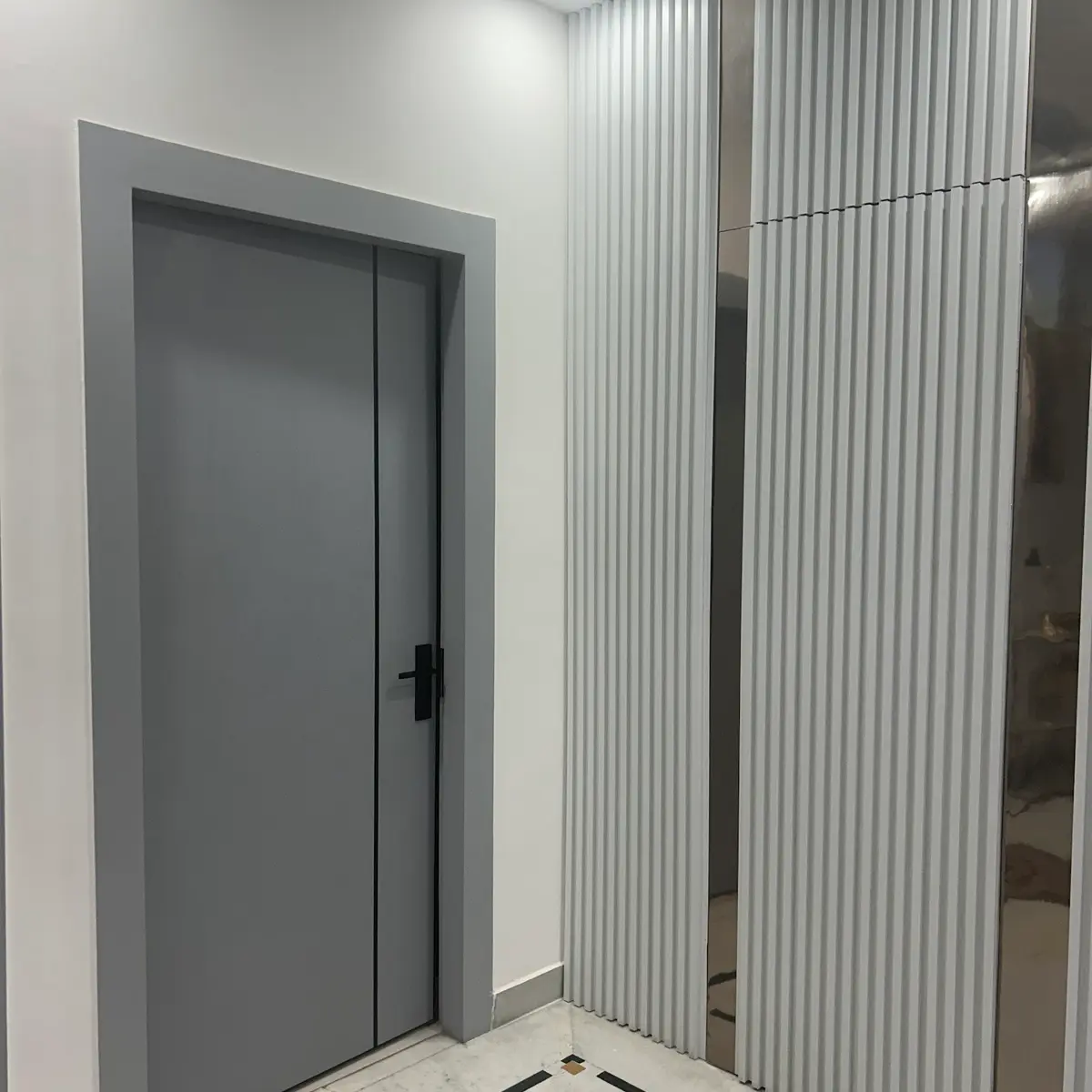 grey modern minimalist entrance foyer with main — real Indian home