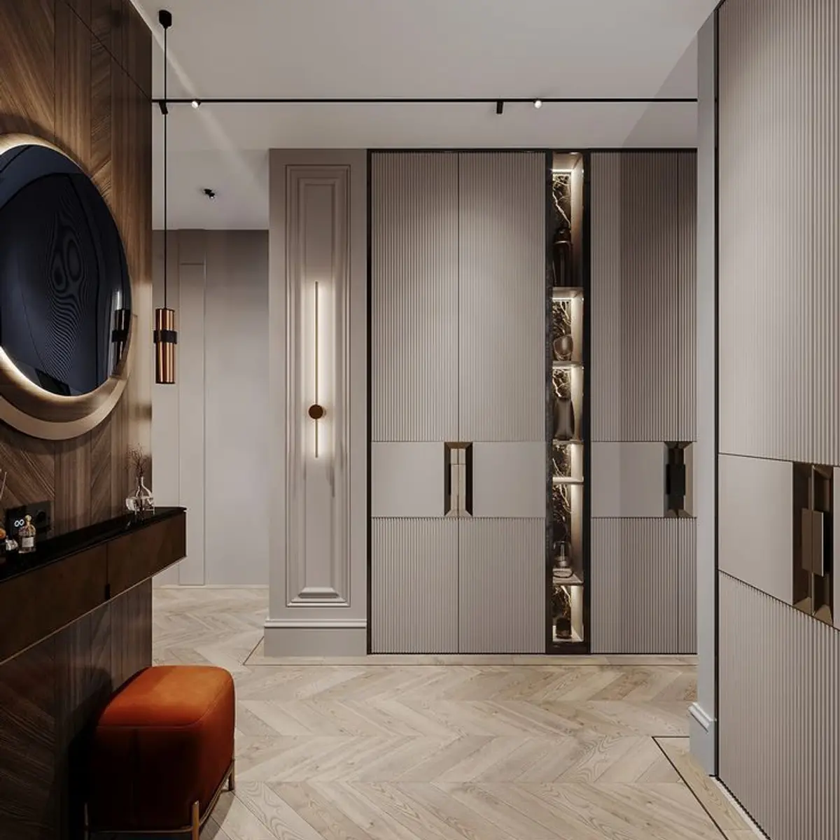 earthy modern minimalist entrance foyer with mirror — real Indian home