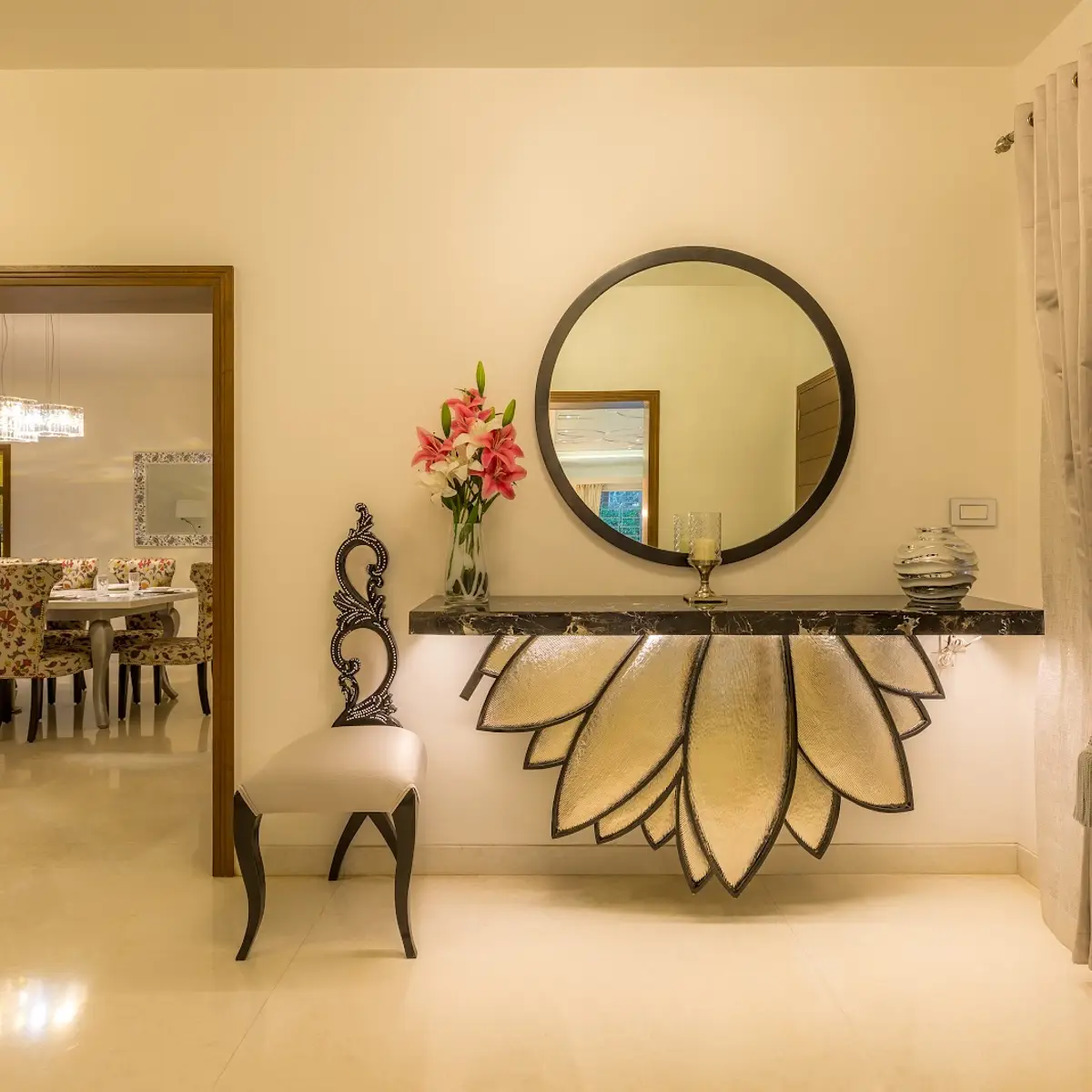 beige luxury entrance foyer with console — real Indian home
