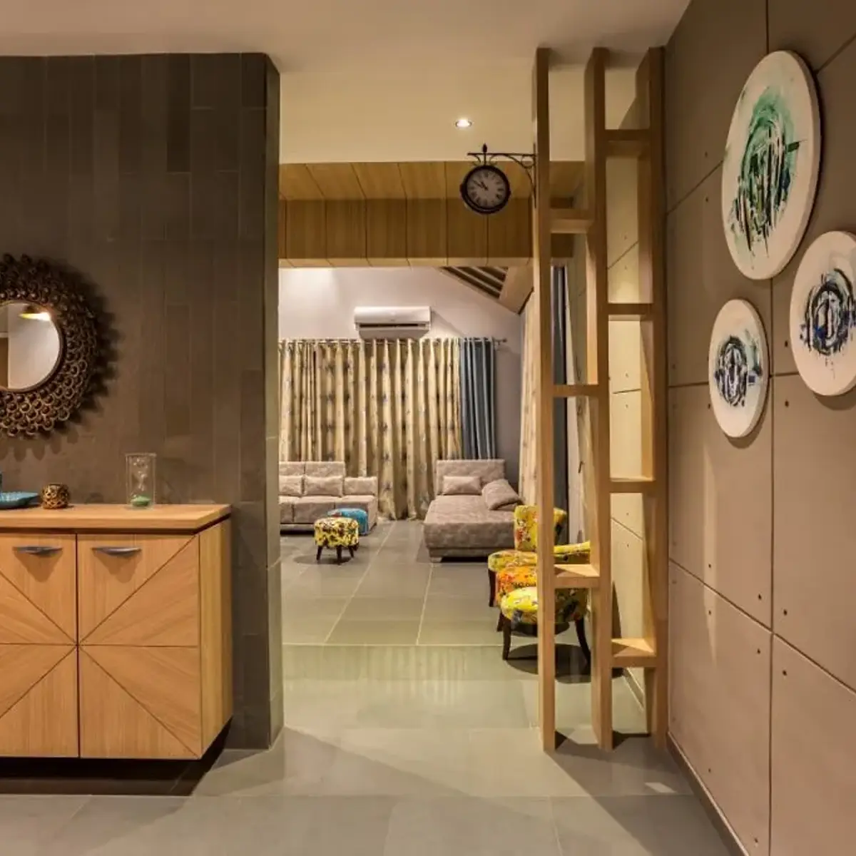 earthy boho entrance foyer with mirror — real Indian home