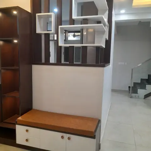beige modern indian entrance foyer with shoe — real Indian home