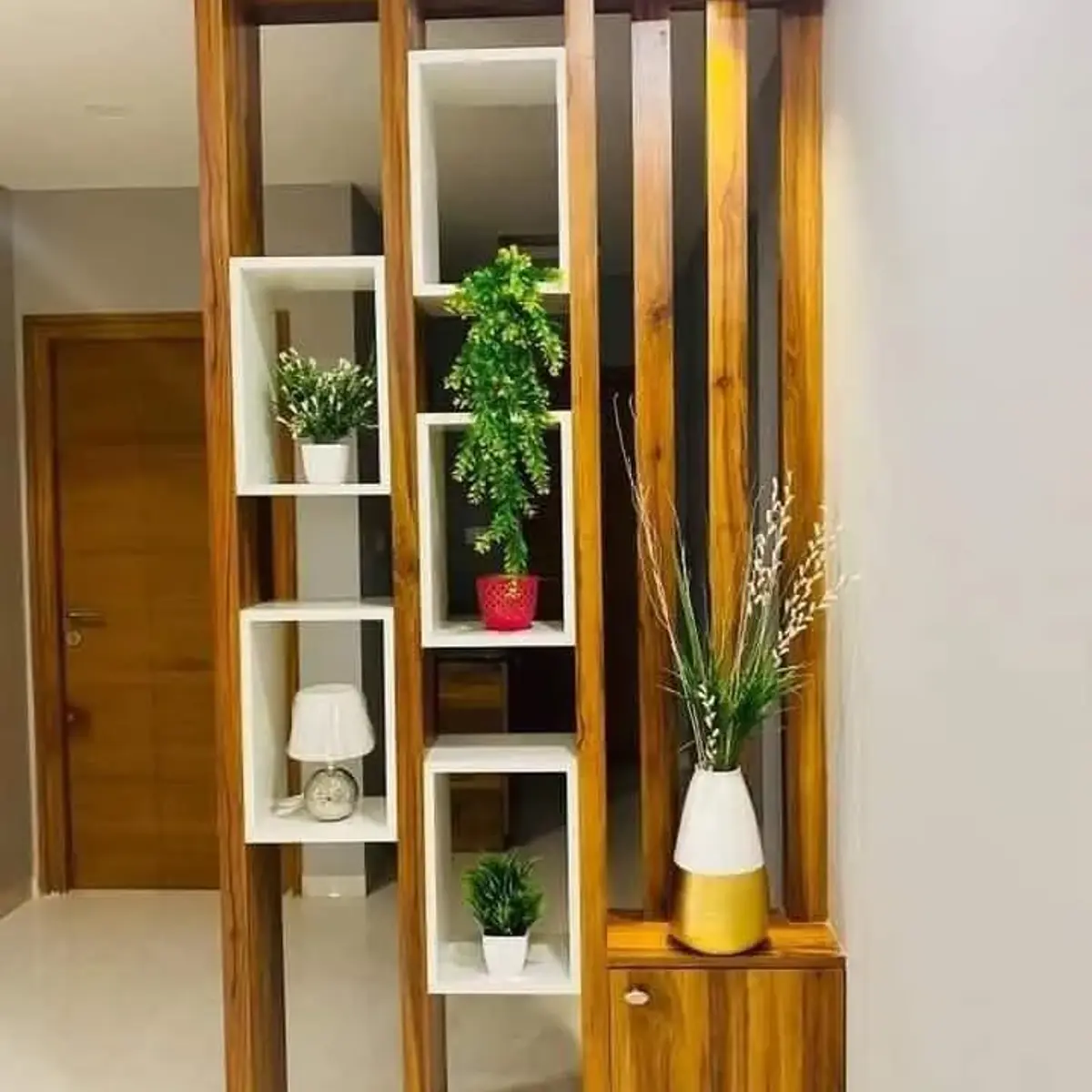 beige modern indian entrance foyer with jaali — real Indian home