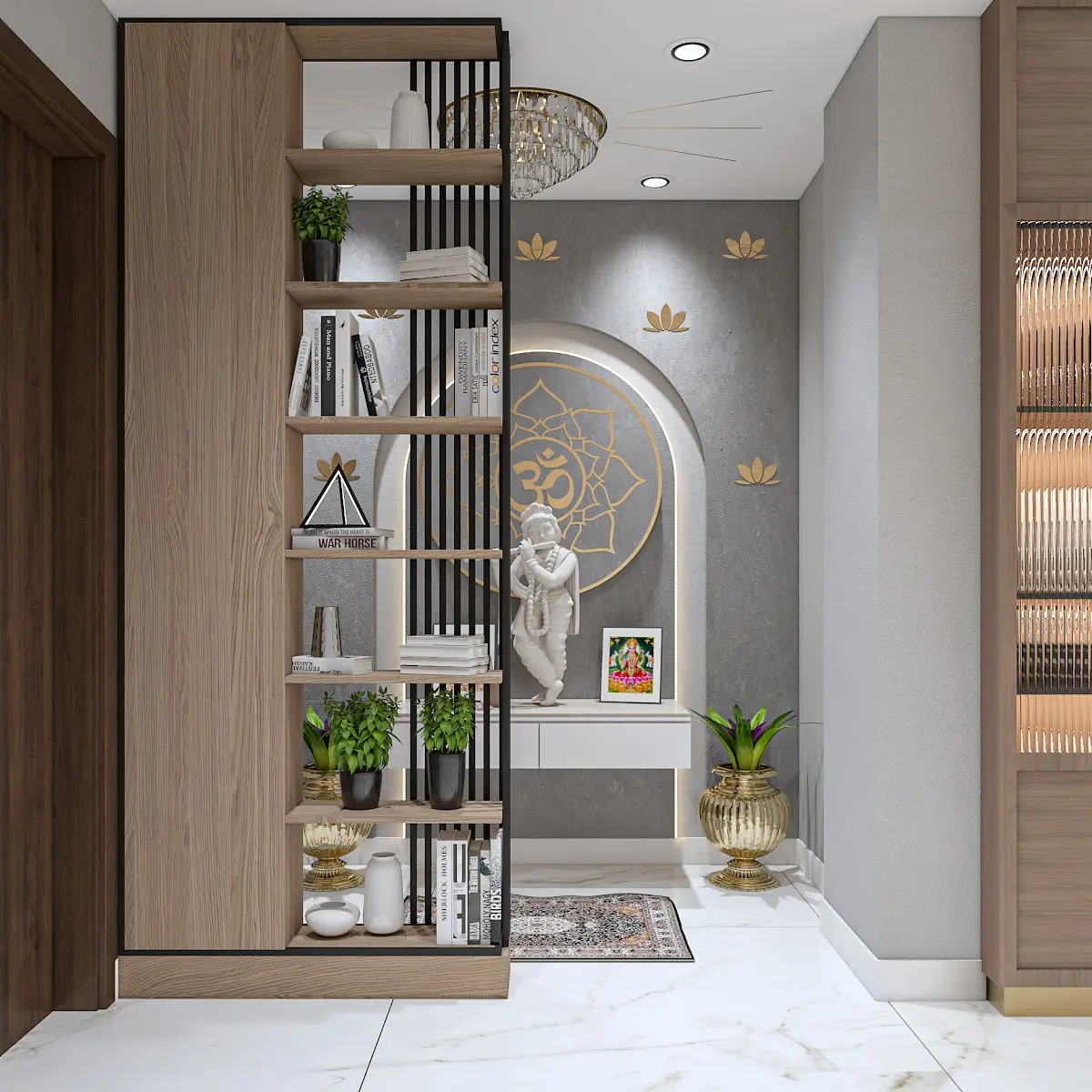 beige modern indian entrance foyer with moulding — real Indian home