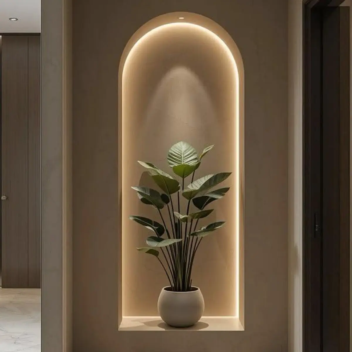 beige modern minimalist entrance foyer with moulding — real Indian home