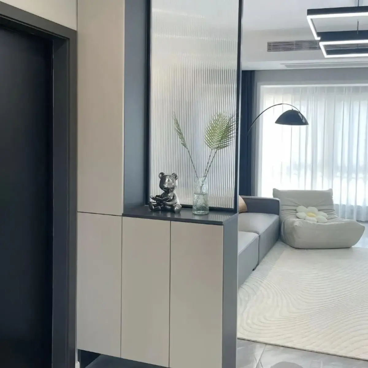 grey modern minimalist entrance foyer with shoe — real Indian home