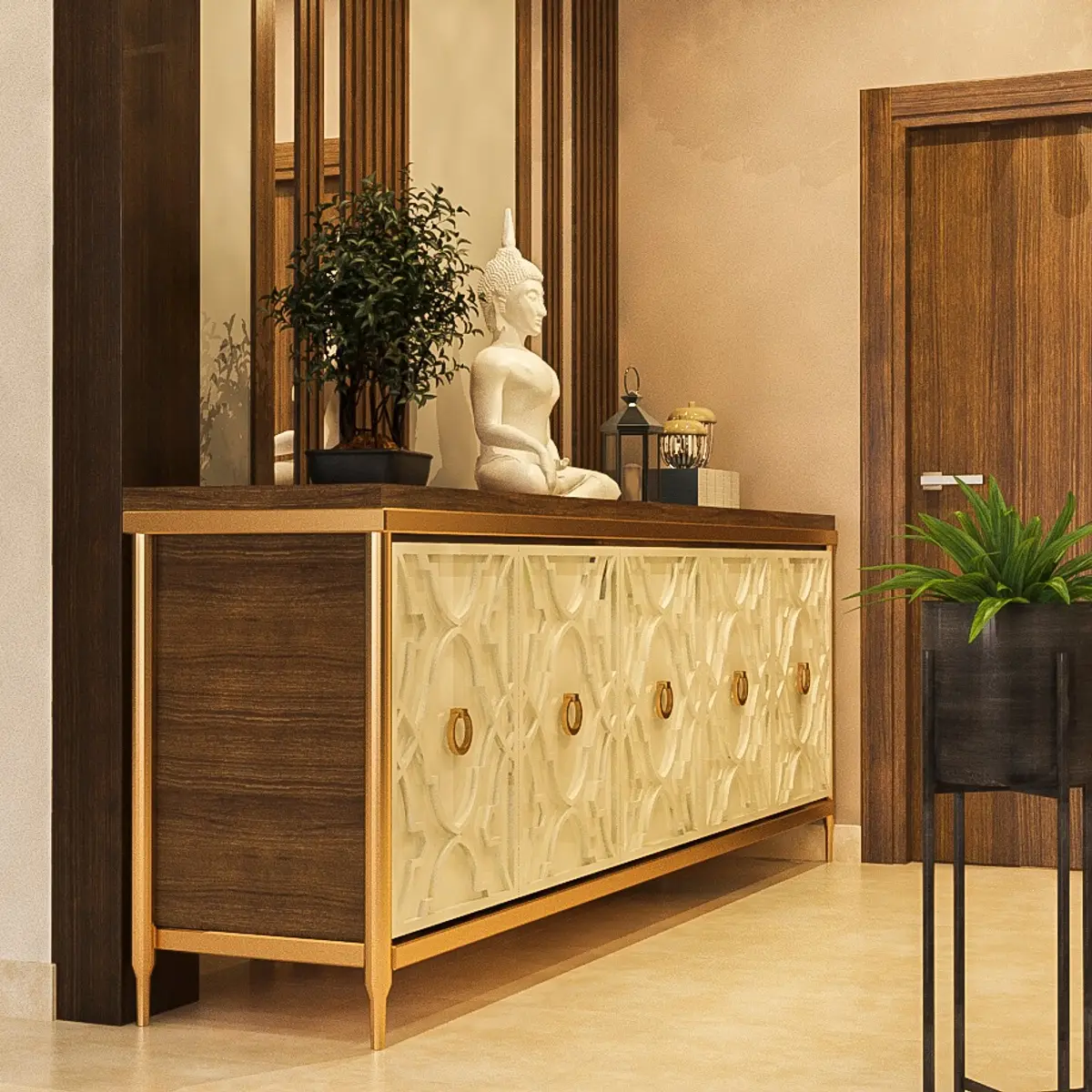 beige luxury entrance foyer with console — real Indian home