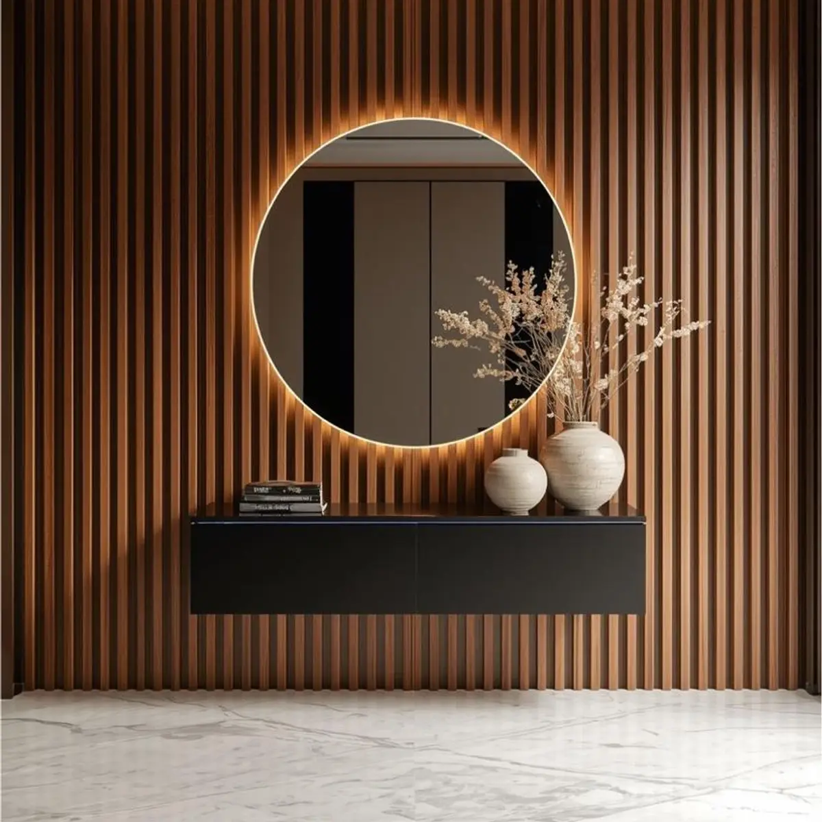 beige modern minimalist entrance foyer with panelling — real Indian home