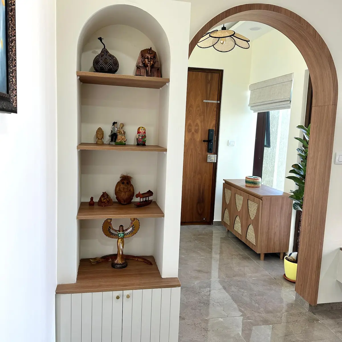 beige boho entrance foyer with accessories — real Indian home