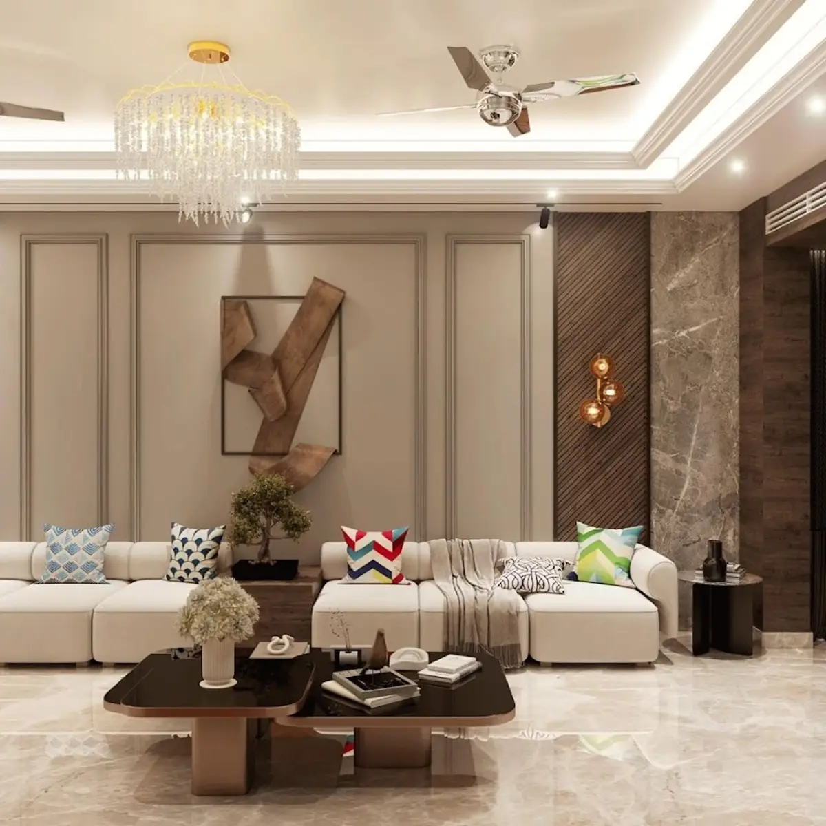 earthy luxury living room with panelling — real Indian home