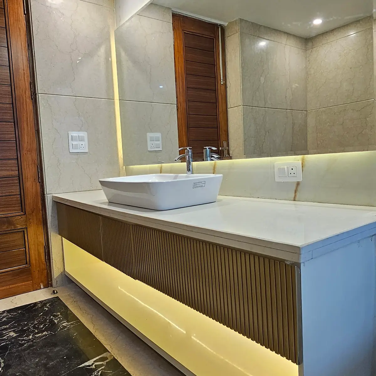 beige modern minimalist bathroom with vanity — real Indian home