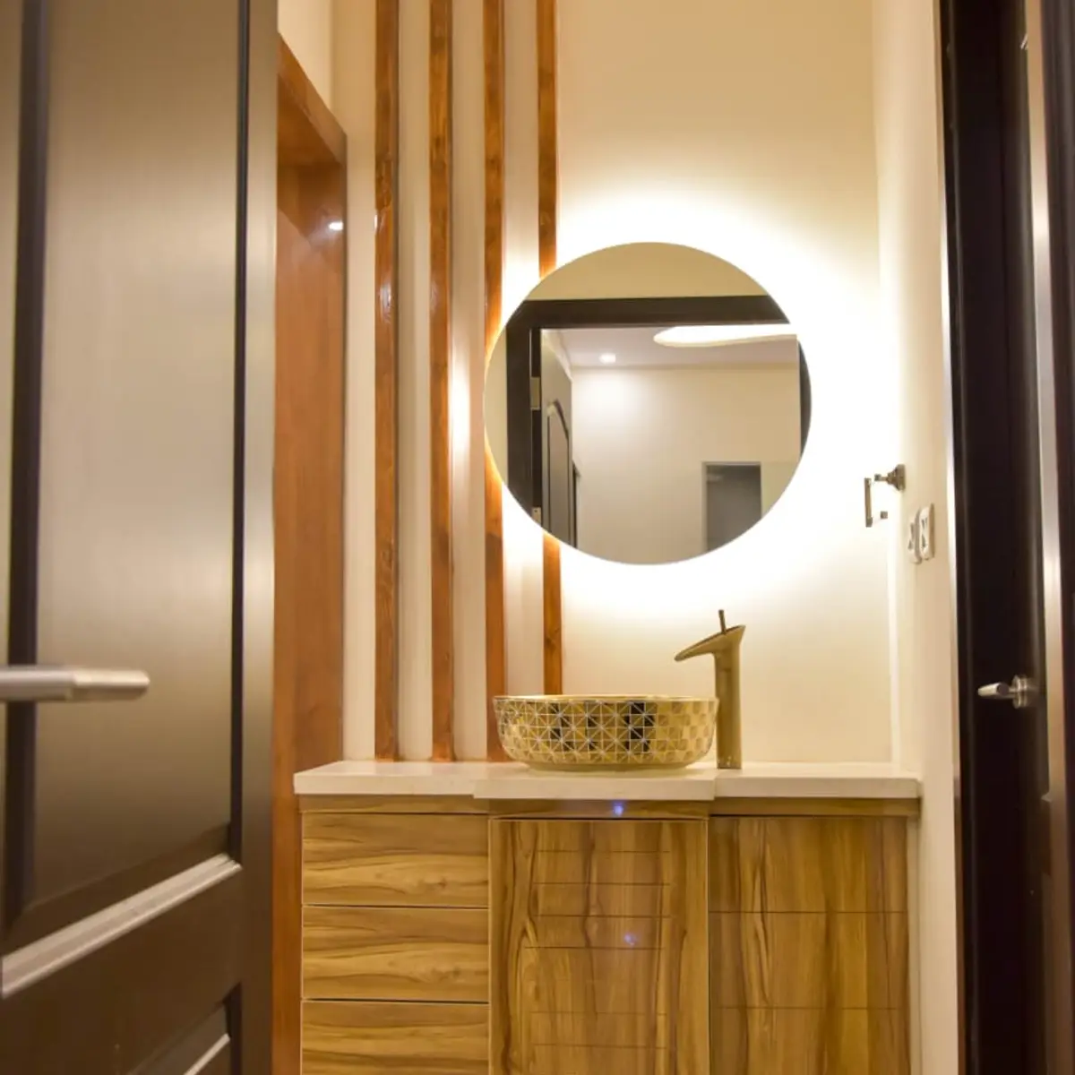 beige modern indian bathroom with vanity — real Indian home