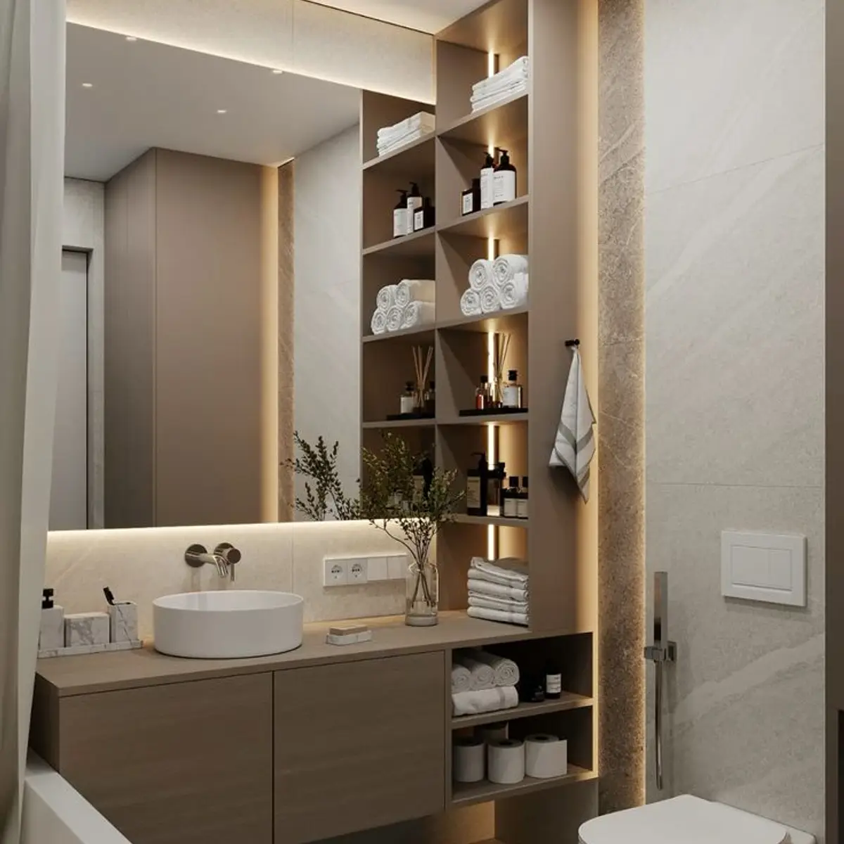 beige modern minimalist bathroom with vanity — real Indian home