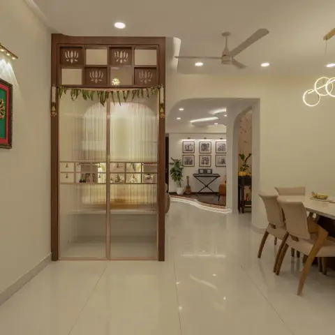 beige modern indian pooja room with pooja — real Indian home