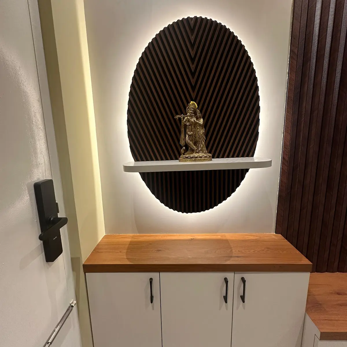 beige modern indian entrance foyer with moulding — real Indian home