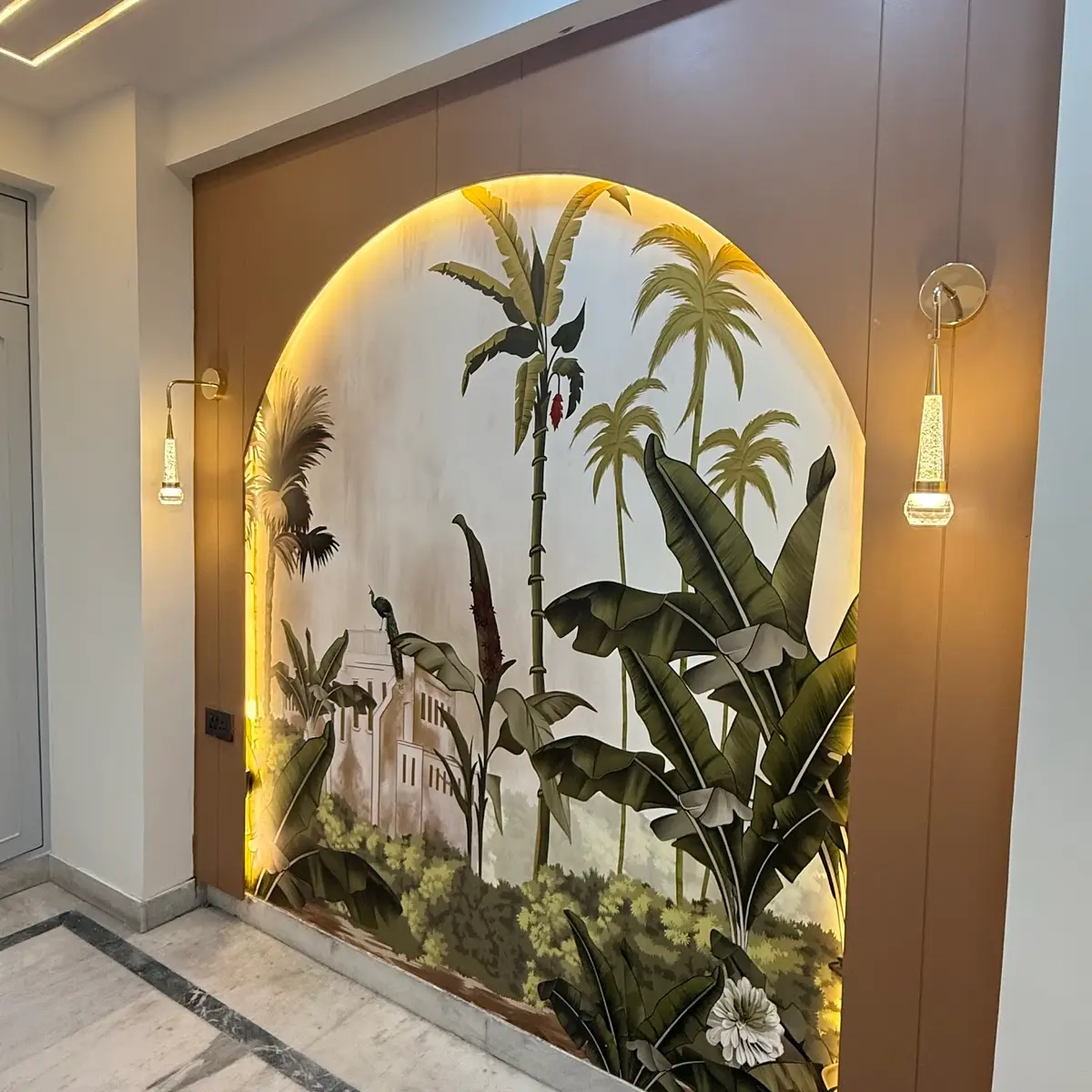earthy luxury entrance foyer with panelling — real Indian home