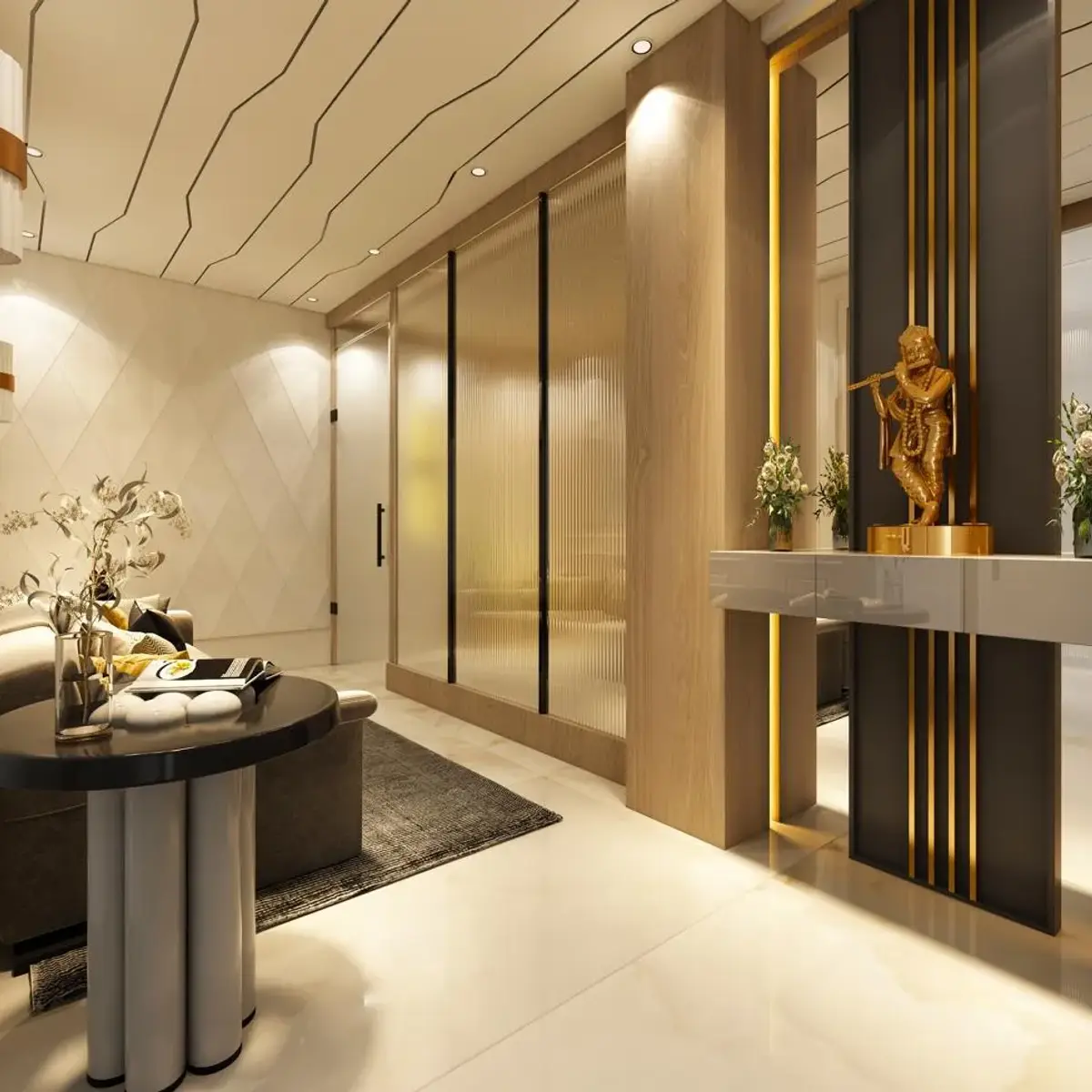 jewel tone luxury entrance foyer with panelling — real Indian home