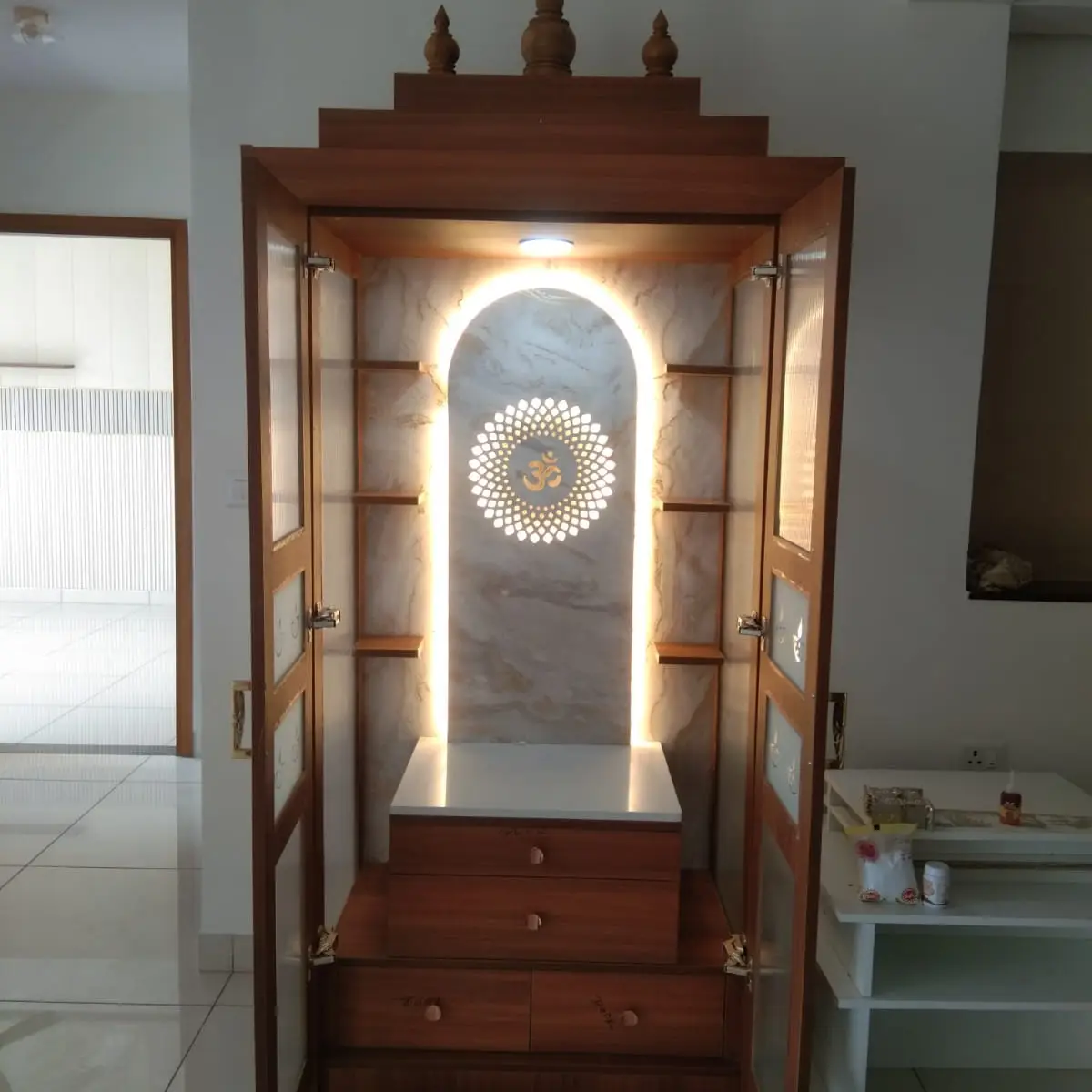 beige modern indian pooja room with pooja — real Indian home