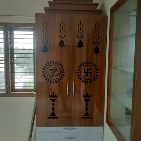 beige traditional pooja room with pooja — real Indian home